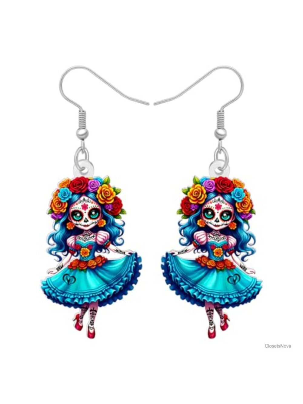 Acrylic Day of the Dead Voodoo Doll Dangle Earrings Halloween Costume Jewelry